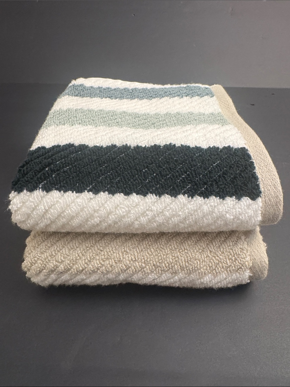 8pc TRULY LOU Quick Dry 100% Cotton Stripe Bath Towel Set -Shades of Green/Taupe - Picture 8 of 8
